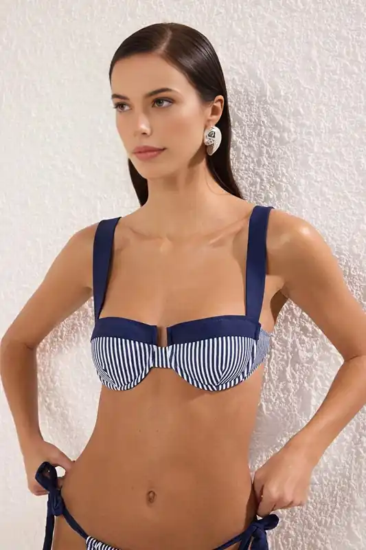Striped Color Block Padded Balconette Bikini Top with Wide Straps - WOVCOR