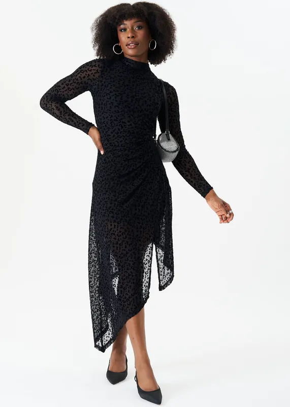 Black Animal Devore High Neck Midi Dress - Gini London