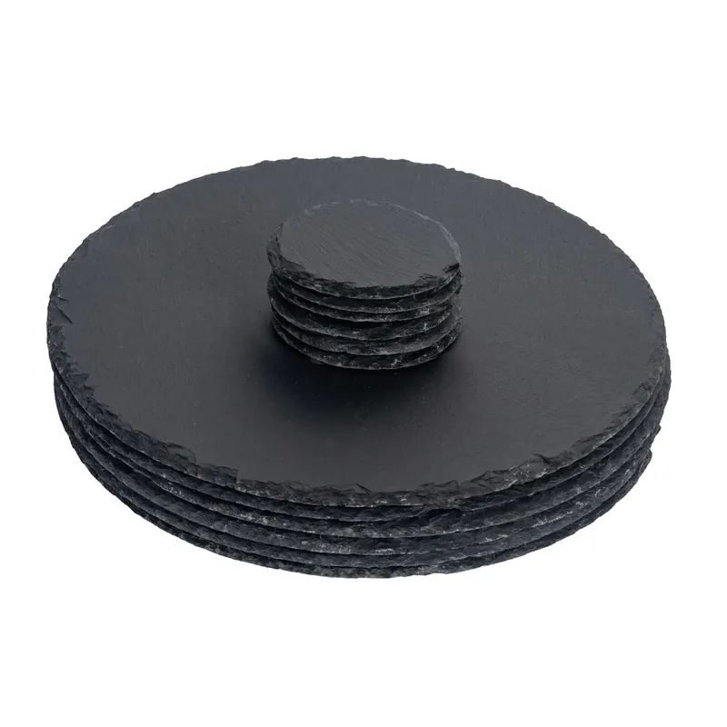 Round Slate Placemats & Coasters Set 33cm Grey - Argon Tableware