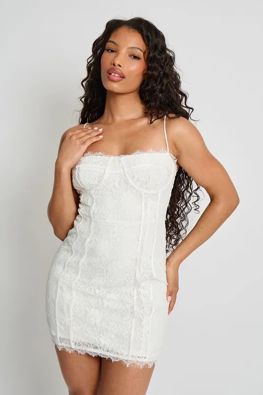 Lace Corset Detail Mini Dress White - Public Desire