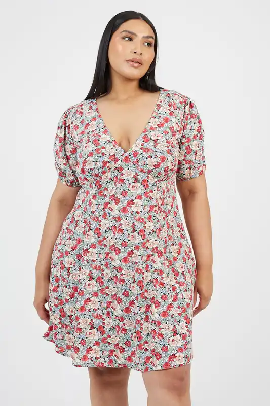 Curve Floral Puff Sleeve V-Neck Mini Dress