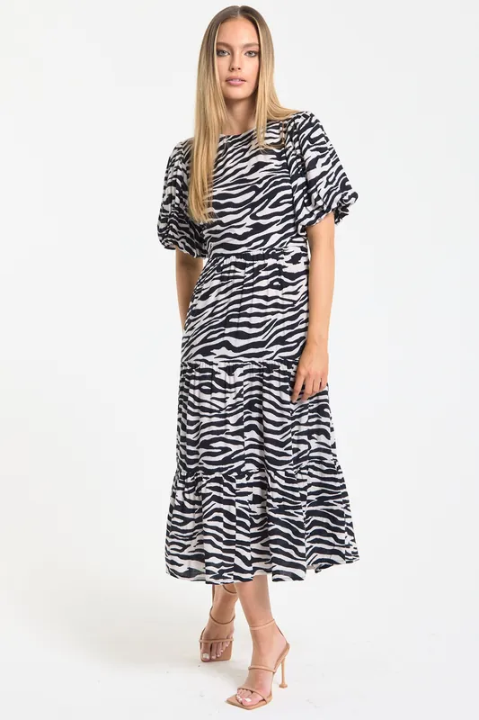 Zebra Print Open Back Midi Dress - Liquorish