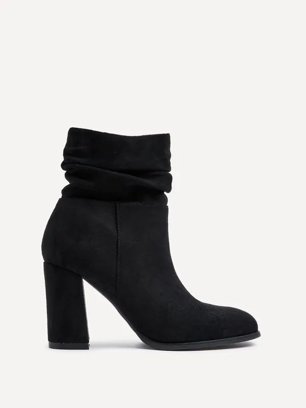 Mila Black Faux Suede Ruched Square Toe Block Heeled Ankle Boot - Linzi