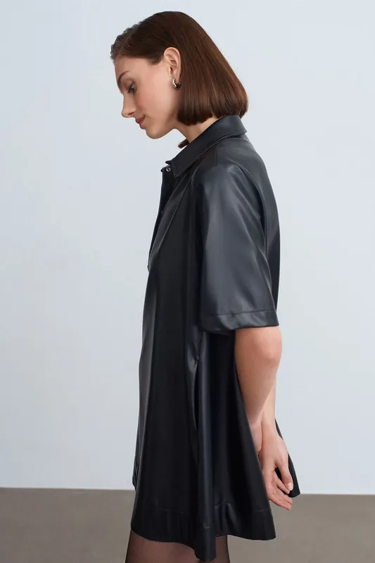 Loose Fit Faux Leather Mini Shirt Dress - Dilvin