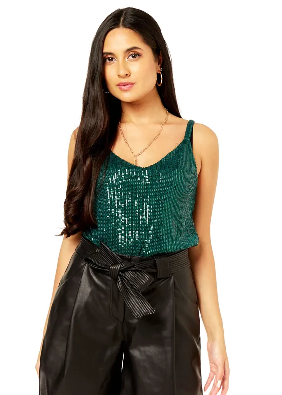 Green Sequin V Neck Cami Top - Gini London