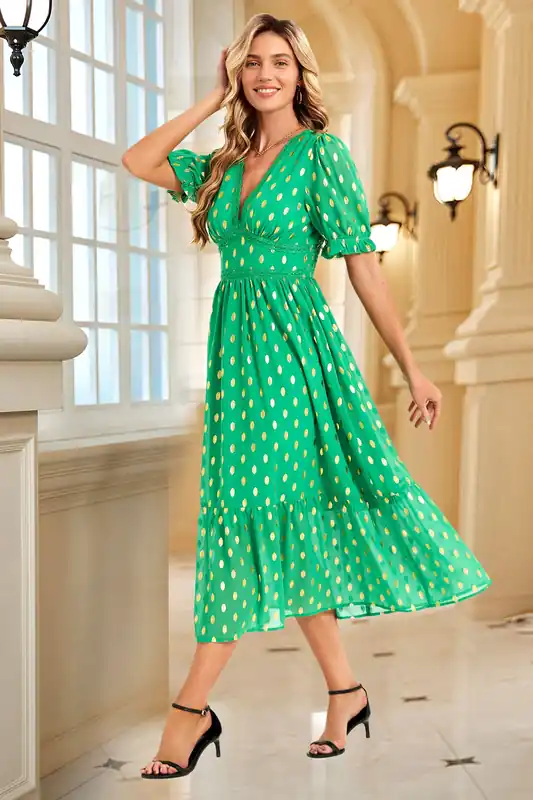 Lace Trim Foil Midi Dress In Green - FS Collection