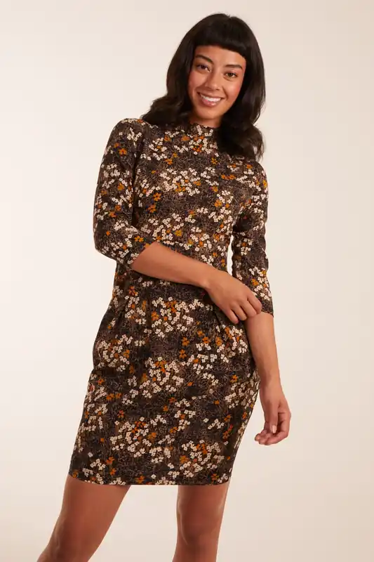High Neck 3/4 Sleeve Dress With Belt - Blue Vanilla