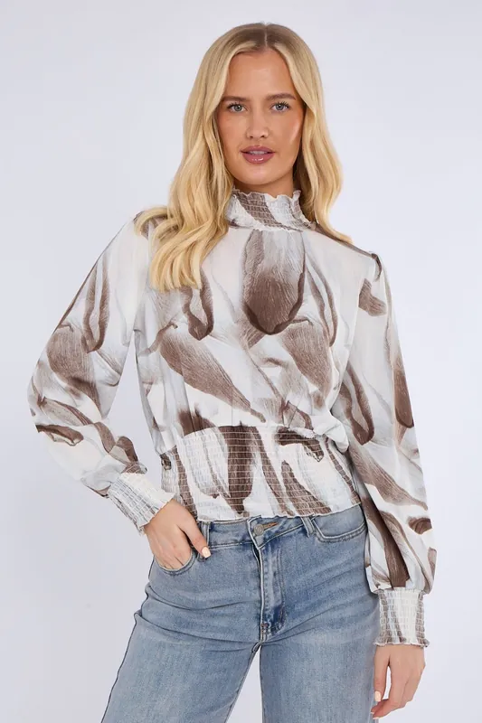 Grey Abstract Print Shirred Waist Cropped Top - Love Sunshine