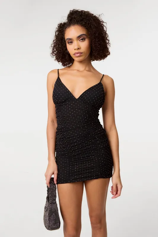 Black Diamante Mesh Bra Cup Gathered Dress - Pink Vanilla