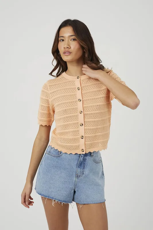 Short Sleeve Stitch Detail Crew Neck Cardigan - Brave Soul