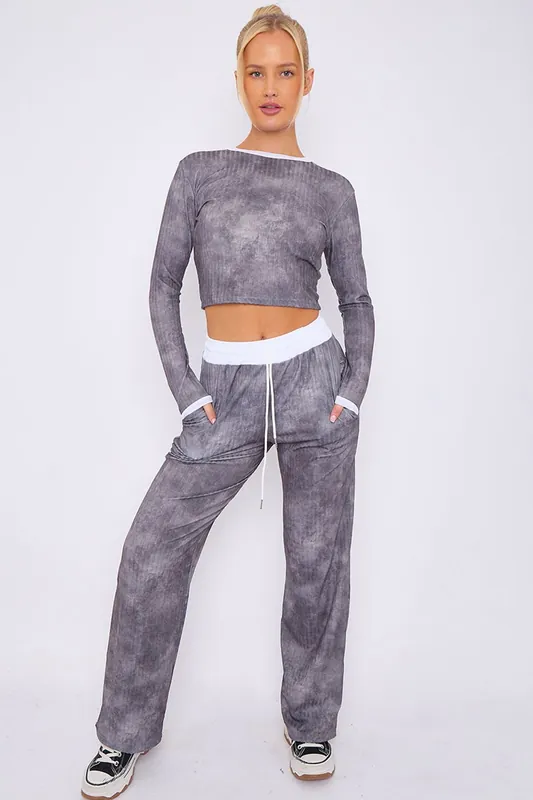 Tie Dye Ribbed Crop Top and Trouser Co-ord