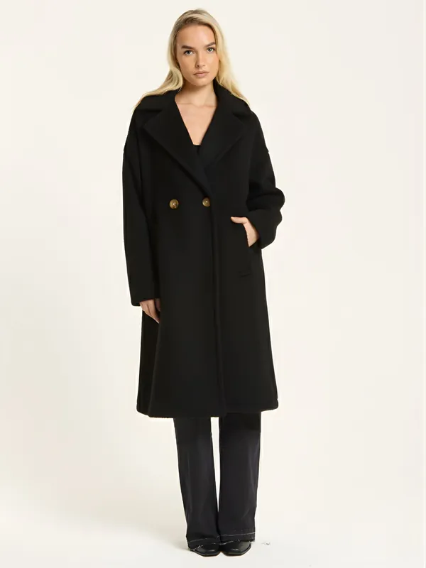 Black Wool Blend Double Breasted Coat - Liquorish