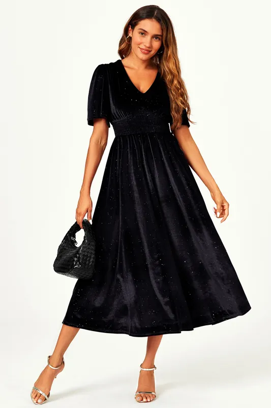 Silver Foil V Neck Velvet Midi Dress In Black - FS Collection