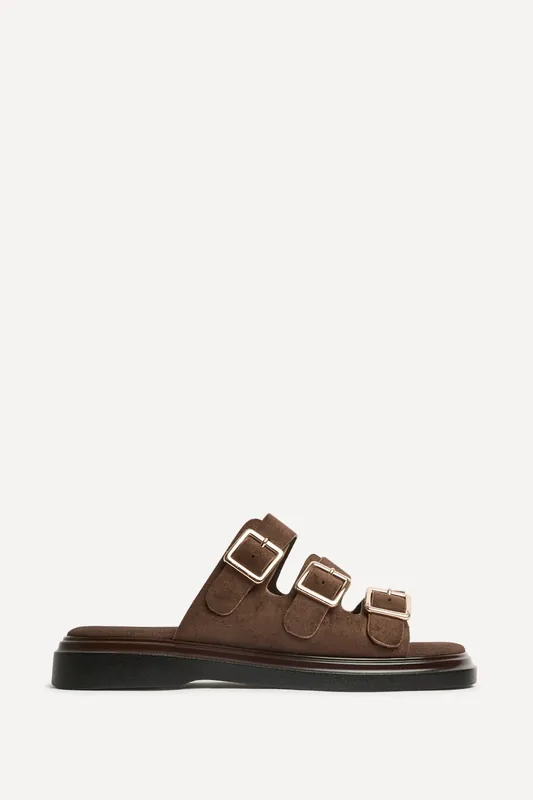 Satellite Brown Faux Suede Flat Sandals - Linzi