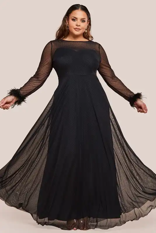 Dobby Mesh Feather Sleeve Hem Maxi Dress - Goddiva