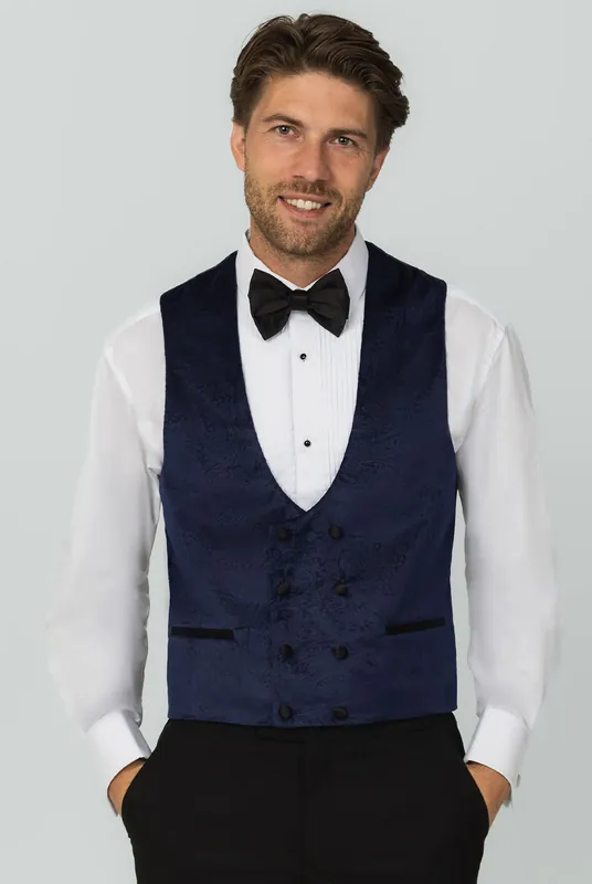 Navy Paisley Velvet Double Breasted Tuxedo Waistcoat - Dobell