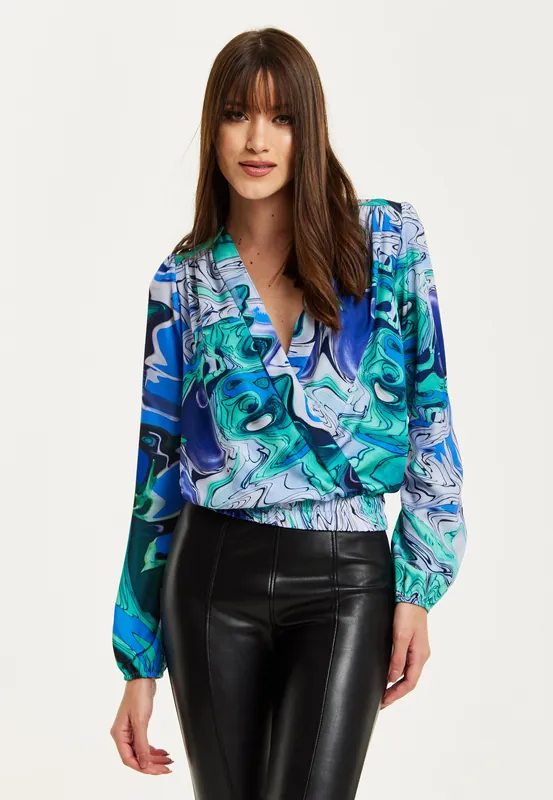 Turquoise Marble Print Wrap Top - Liquorish