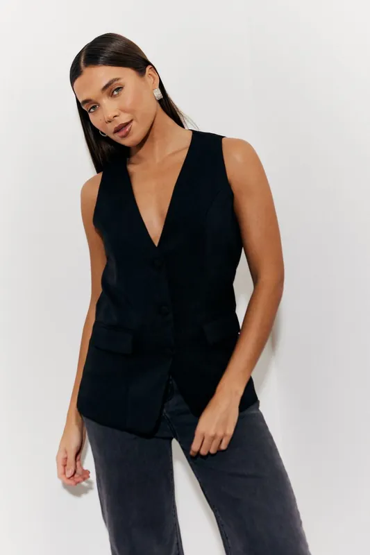 Black Longline Pocket Detail Waistcoat - In The Style