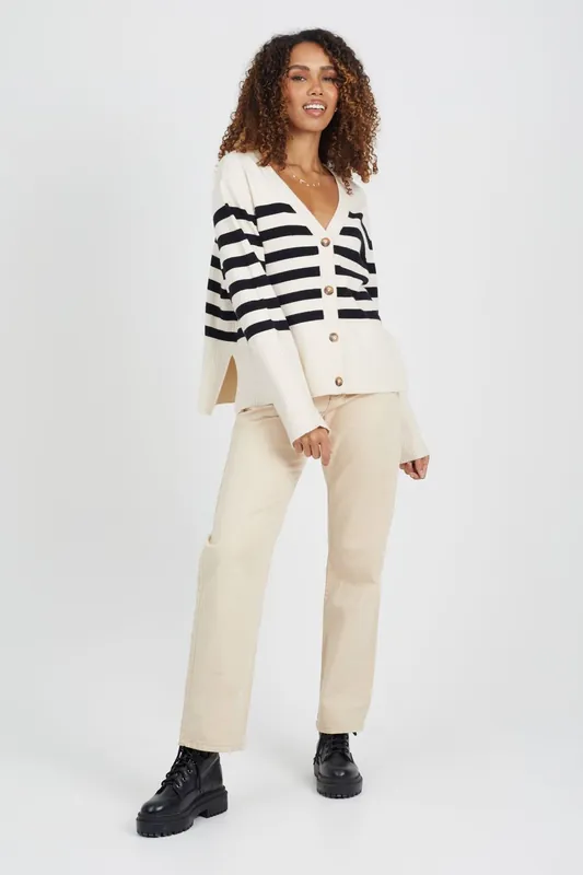 Button Through V-neck Stripe Cardigan