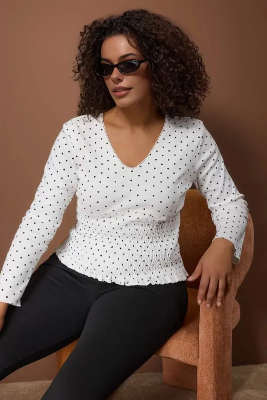 Polka Dot Shirred Waist V Neck Long Sleeve Knitted Top - WOVCOR