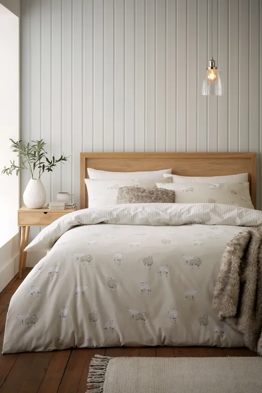 'Brushed Cotton Sheep' Reversible Duvet Cover Set - Catherine Lansfield