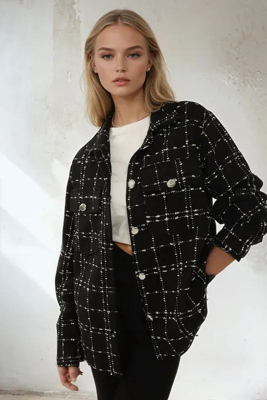 Pocket Detail Tweed Jacket with Shirt Collar - Hiccup