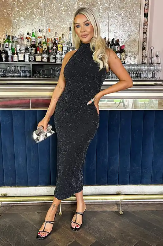 Black Sparkle Halter Neck Ruched Bodycon Midi Dress - AX Paris