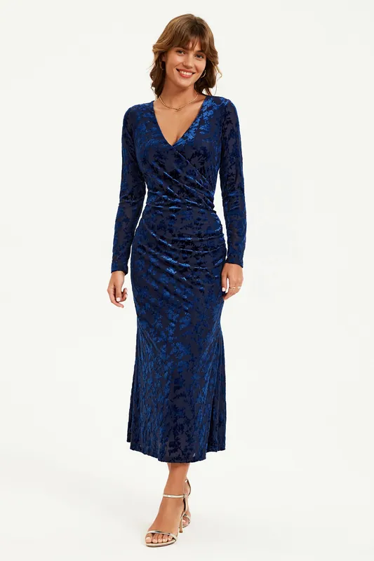 Floral Velvet Devore Long Sleeve Wrap Midi Dress In Navy - FS Collection