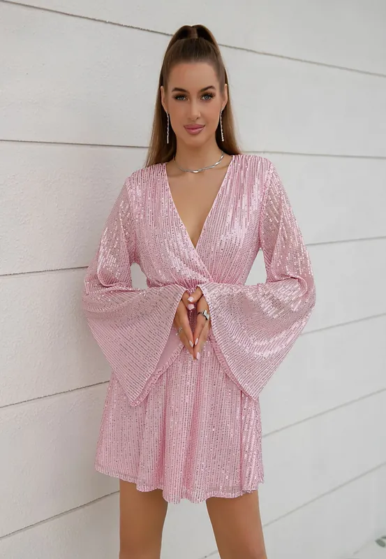 Pink Sequin Flare Sleeve Dress - Divine Grace