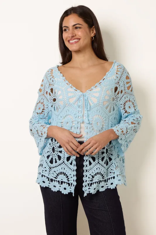 Light Blue Long-Sleeved Crochet Cardigan