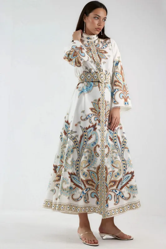 Paisley Print Maxi Dress with Mandarin Collar - MSN Collection