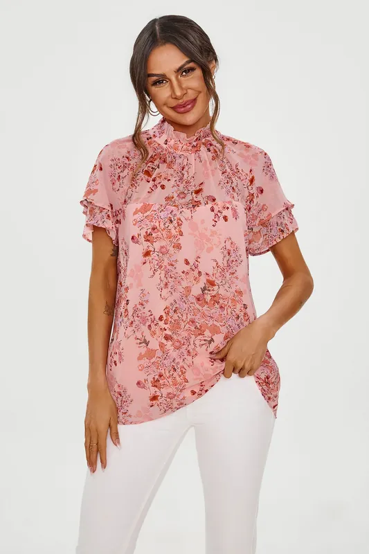 Floral Print Frill Hem Sleeve High Neck Blouse Top In Pink - FS Collection