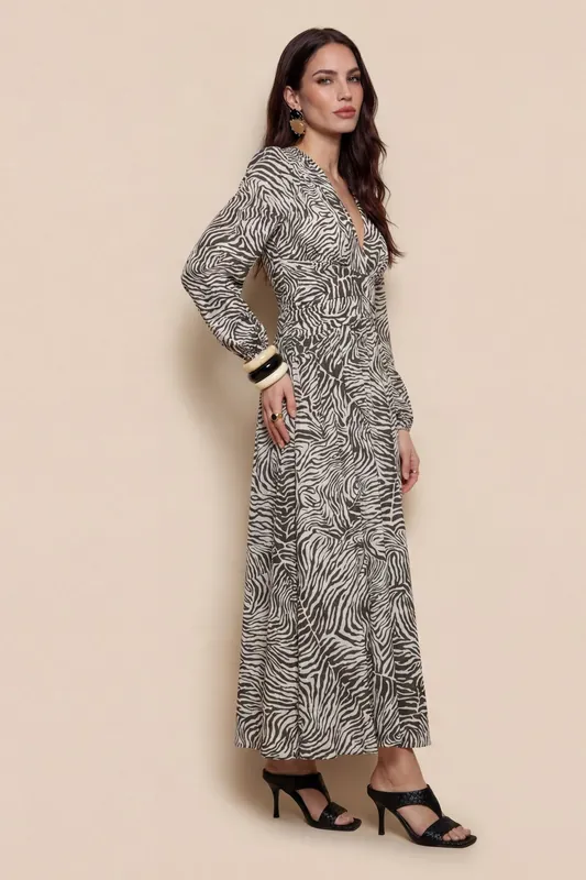 Zebra Long Sleeve Metallic Dress Khaki Pattern - Urban Bliss