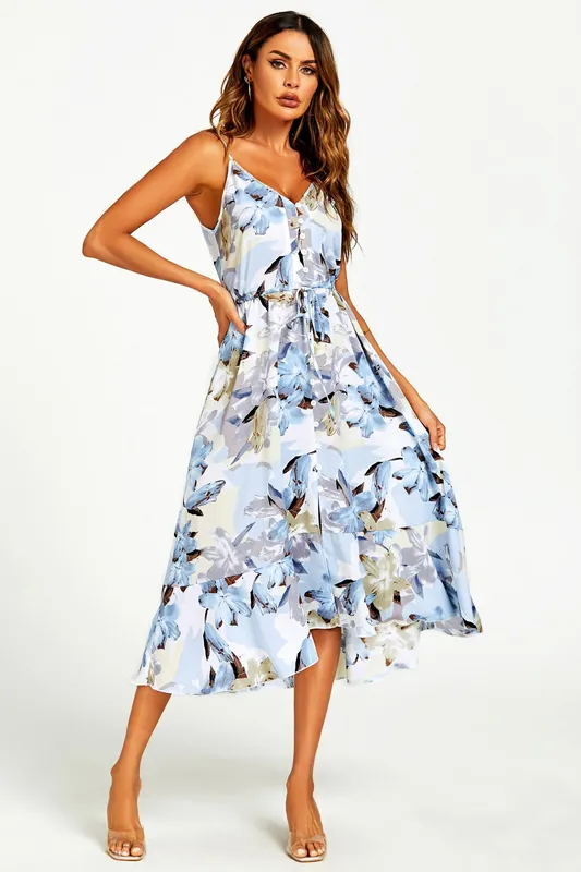Floral Print Button Down High Low Strappy Dress In Blue - FS Collection