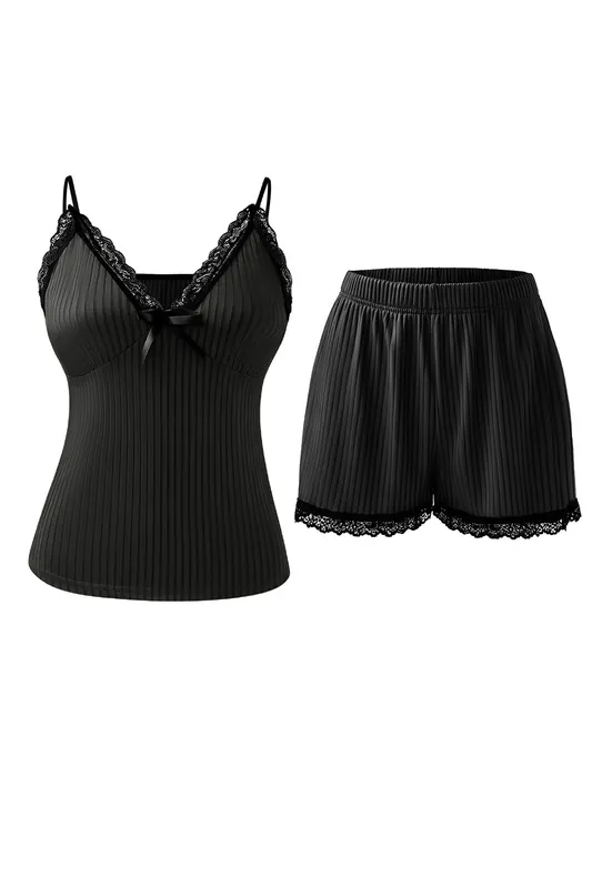 Sexy Ribbed V-Neck Cami Pyjama Set with Lace Trim