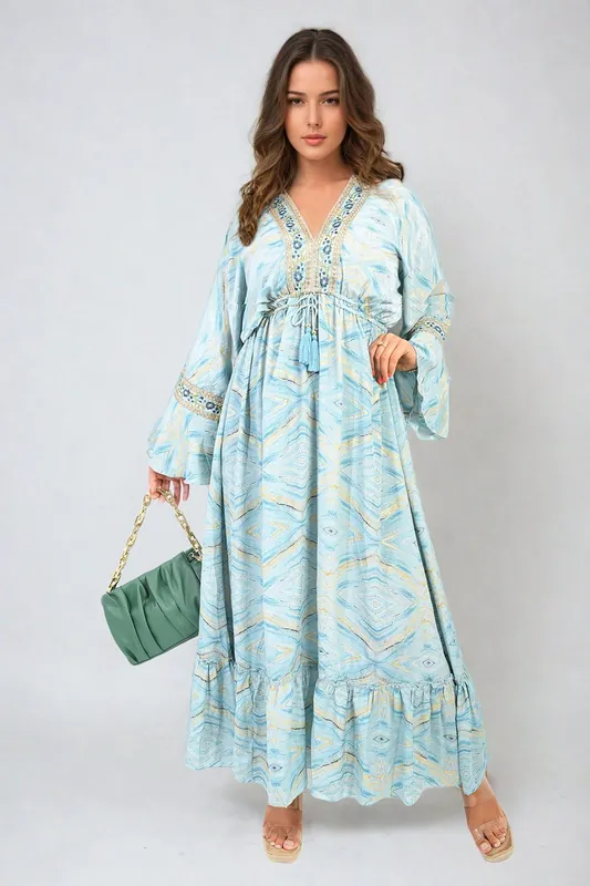 Melissa Printed Long V-neck Ruffled Hem Maxi Dress