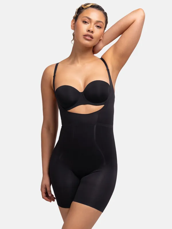 Seamless Open Bust Bodysuit Black - Dorina