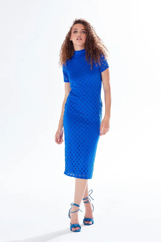 Midi Dress with High Neck, Short Sleeves and Open Back Detail in Blue - Liquorish