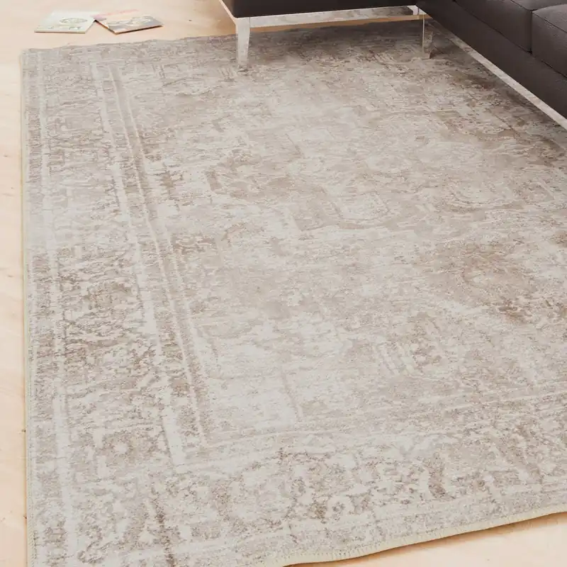 Distressed Beige Soft Chenille Washable Living Room Area Rug - Kukoon