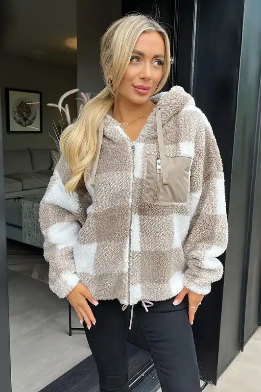 Biscuit Check Pocket Detail Hooded Teddy Jacket - AX Paris