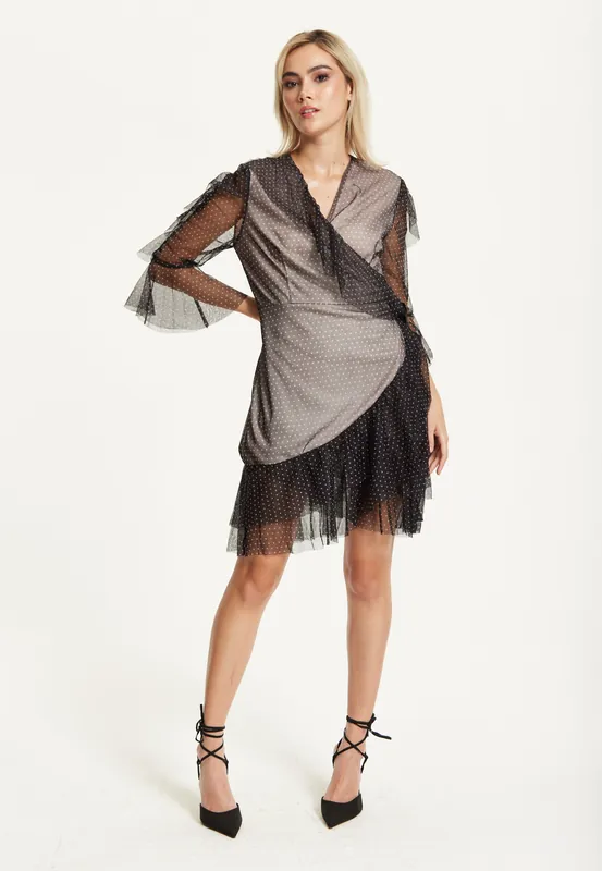 Black Polka Dot Wrap Mesh Dress - Liquorish