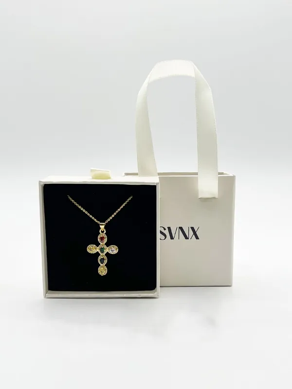 Cross Pendant Necklace in Multi Colour Stones - Gift Boxed