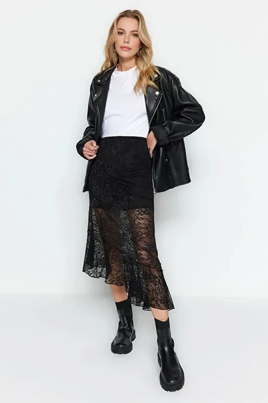 Asymmetric Midi Lace Knit Skirt with Lined Design and Fluid Hem - WOVCOR