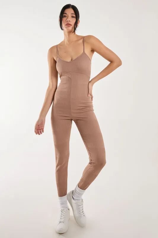 Ribbed Bodycon Unitard All in One - Pink Vanilla