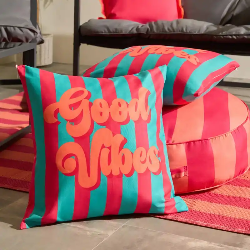 2 x Good Vibes Slogan Garden Cushion Covers Outdoor Water Resistant - OHS
