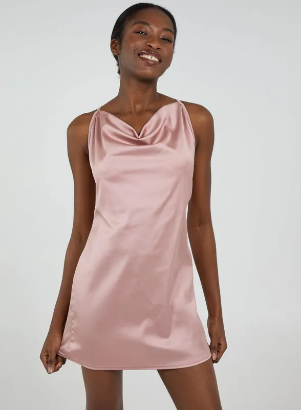 Satin Cowl Neck Mini Dress - Blue Vanilla