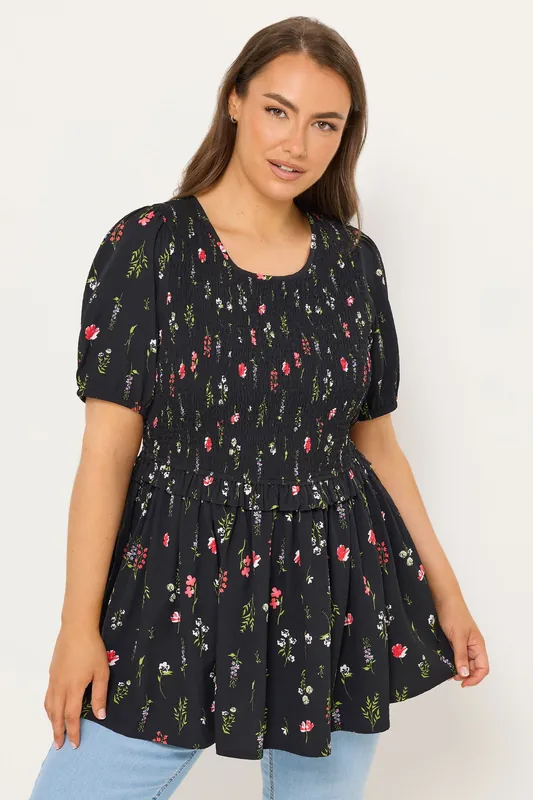 Floral Shirred Peplum Top - Yours