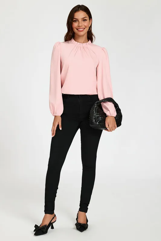 Frill Detail High Neck Top In Pink - FS Collection