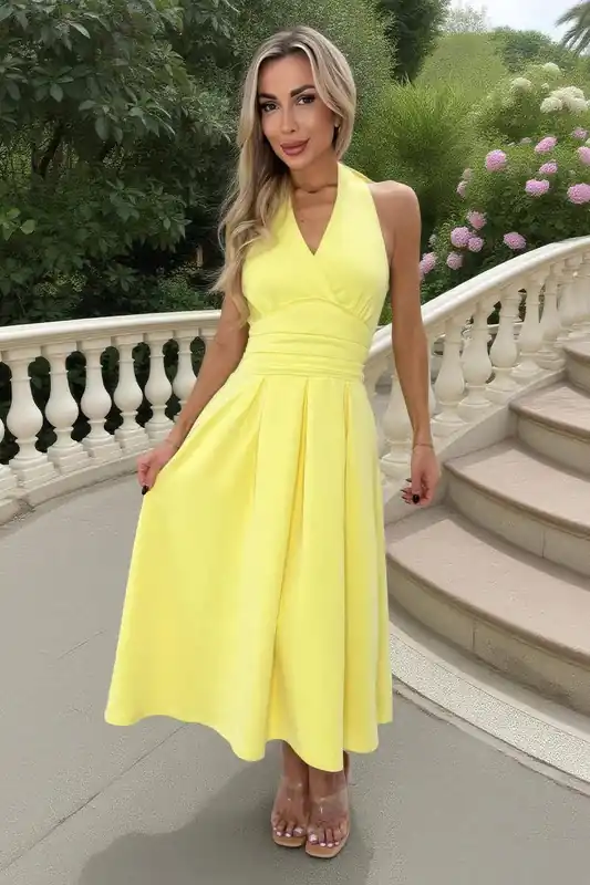Soft Yellow Tie Halter Neck Midi Dress - AX Paris