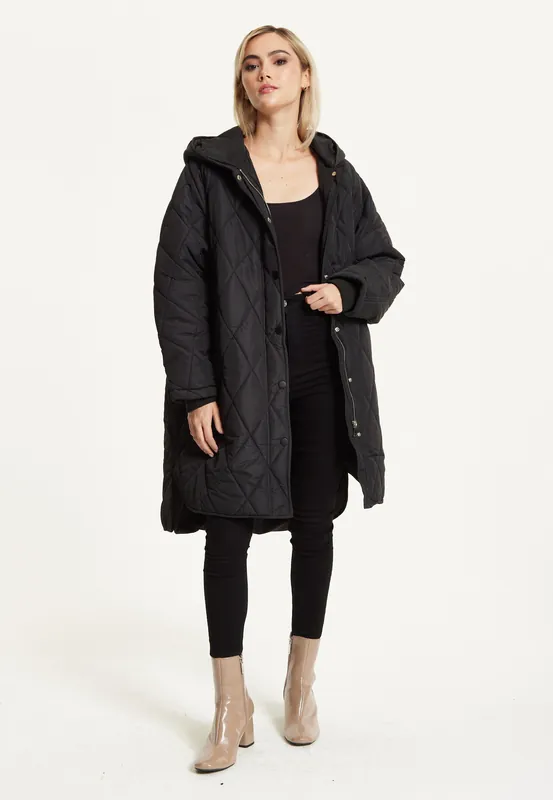 Black Quilted Oversized Hooded Coat - Liquorish